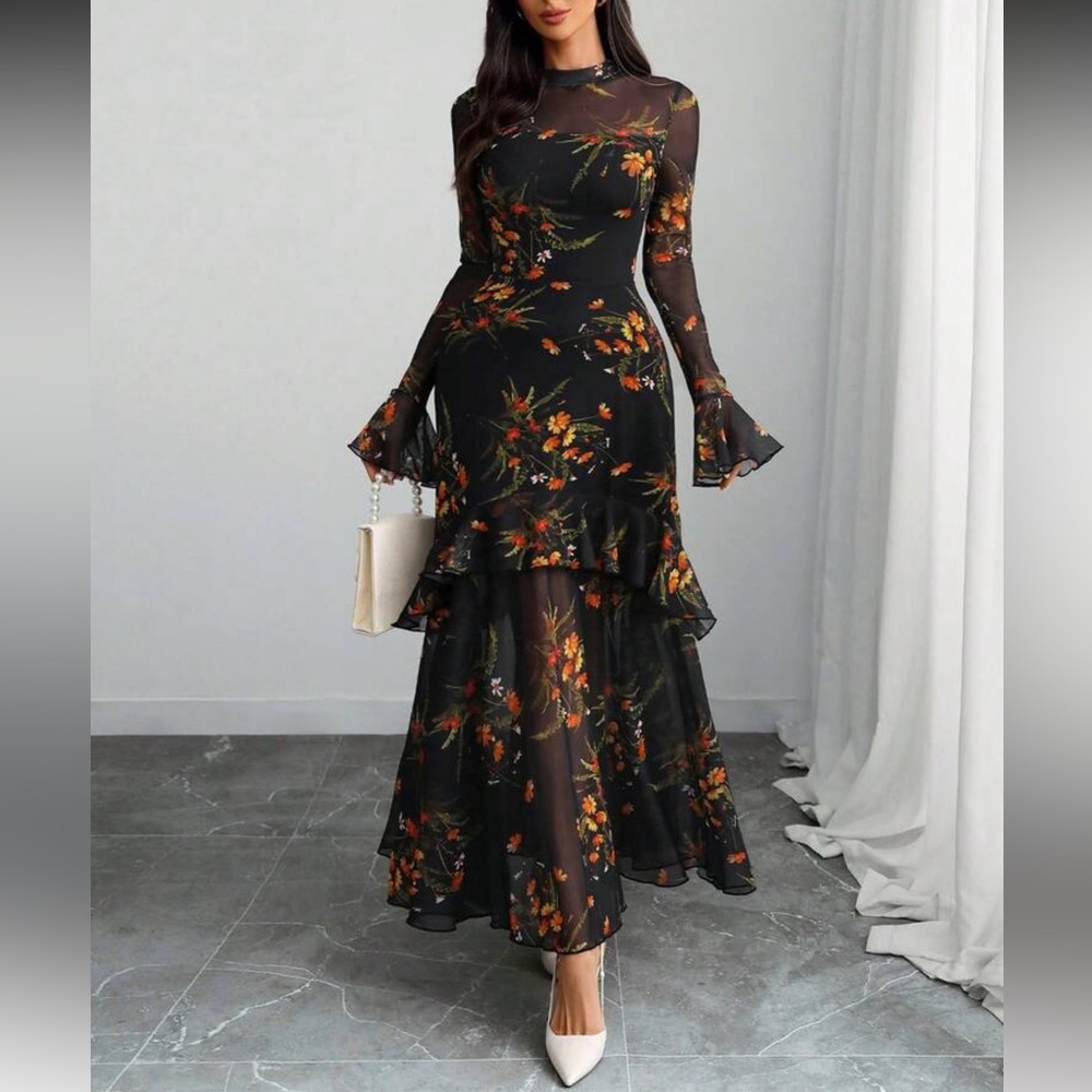 51- NEW Elegant Floral Black Dress